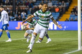 Celtic's Adam Idah celebrates as he scores to make it 1-0 over Kilmarnock. (Photo by Rob Casey / SNS Group)