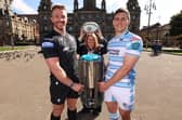 Kyle Steyn, Lord Provost of the City of Glasgow Jacqueline McLaren, and Rory Darge alongside the United Rugby Championship trophy during a Glasgow Warriors civic reception at the Glasgow City Chambers, on September 04, 2024. (Photo by Ross MacDonald / SNS Group)