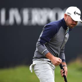 Brian Harman reacts after holing a par putt on the 18th green in the third round of the 151st Open at Royal Liverpool. Picture: Jared C. Tilton/Getty Images.