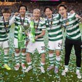 Celtic's Japenese contingent, Kyogo Furuhashi, Reo Hatate, Daizen Maeda, Tomoki Iwata and Yuki Kobayashi, celebrate after the Viaplay Cup final win over Rangers.  (Photo by Alan Harvey / SNS Group)