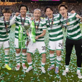 Celtic's Japenese contingent, Kyogo Furuhashi, Reo Hatate, Daizen Maeda, Tomoki Iwata and Yuki Kobayashi, celebrate after the Viaplay Cup final win over Rangers.  (Photo by Alan Harvey / SNS Group)