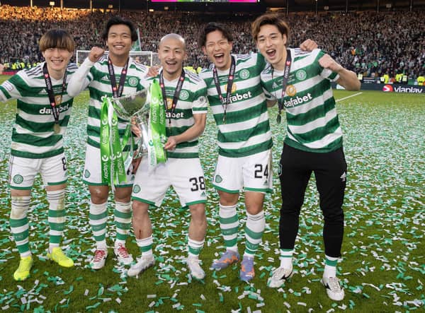 Celtic's Japenese contingent, Kyogo Furuhashi, Reo Hatate, Daizen Maeda, Tomoki Iwata and Yuki Kobayashi, celebrate after the Viaplay Cup final win over Rangers.  (Photo by Alan Harvey / SNS Group)