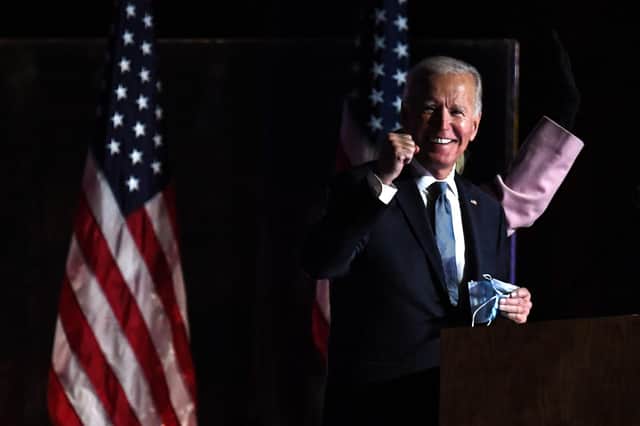 President Elect Joe Biden arrives onstage to address supporters during election night at the Chase Center in Wilmington, Delaware. Picture: Getty Images