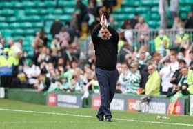 Celtic manager Ange Postecoglou acknowledges the supporters at full-time of Sunday 3-2 Premer Sports Cup win and it is encouraged that both the fan base and his players "believes in me and know what I'm about".(Photo by Craig Williamson / SNS Group)