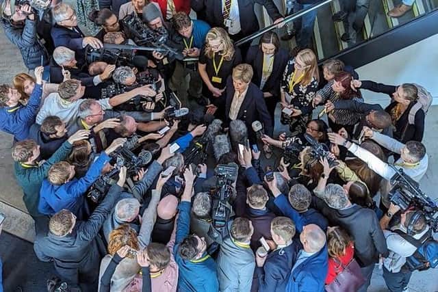 Journalists interviewing Nicola Sturgeon during her appearance at the SNP conference. Image: John Cumming.