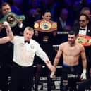 Josh Taylor is declared the victor over Jack Catterall after the world super-lightweight title fight at the OVO Hydro on Saturday. (Photo by Paul Devlin / SNS Group)