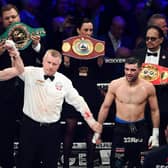 Josh Taylor is declared the victor over Jack Catterall after the world super-lightweight title fight at the OVO Hydro on Saturday. (Photo by Paul Devlin / SNS Group)