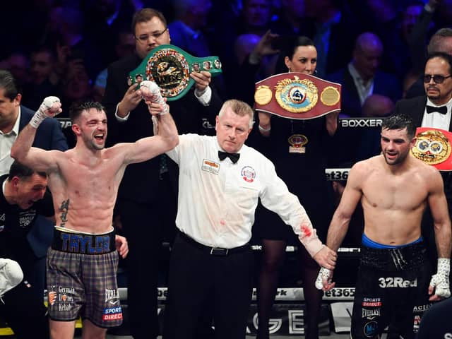 Josh Taylor is declared the victor over Jack Catterall after the world super-lightweight title fight at the OVO Hydro on Saturday. (Photo by Paul Devlin / SNS Group)
