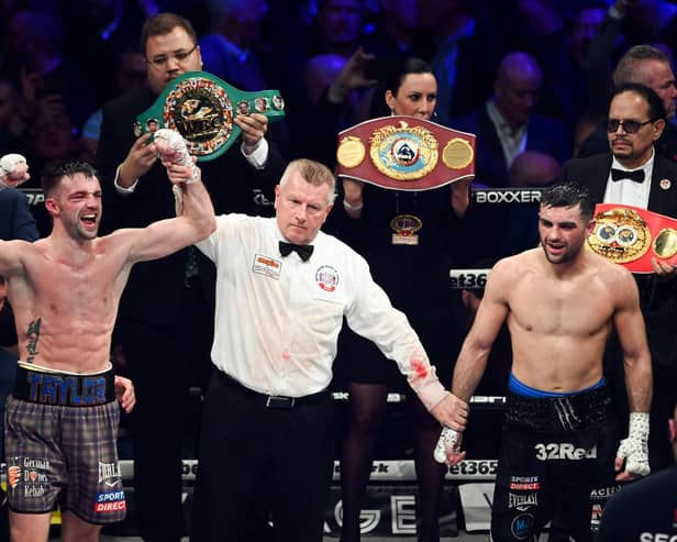 Josh Taylor is declared the victor over Jack Catterall after the world super-lightweight title fight at the OVO Hydro on Saturday. (Photo by Paul Devlin / SNS Group)