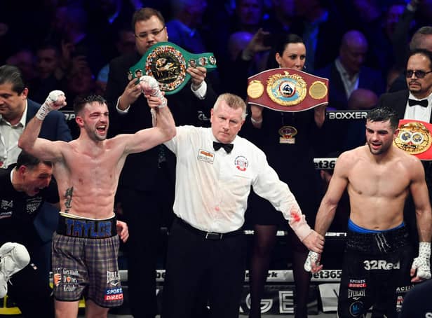 Josh Taylor is declared the victor over Jack Catterall after the world super-lightweight title fight at the OVO Hydro on Saturday. (Photo by Paul Devlin / SNS Group)