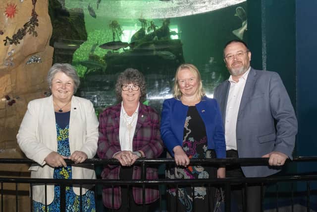 Deputy Council Leader Councillor Anne Stirling, Leader Councillor Gillian Owen, UK Government Minister Felicity Buchan and David Duguid MP for Banff and Buchan at Madcuff Aquarium.