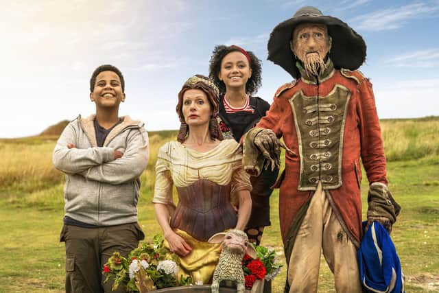 Worzel Gummidge: Saucy Nancy. Mackenzie Crook's TV film shows on Christmas Eve on BBC One. Left to right,  John (Thierry Wickens), Saucy Nancy (Shirley Henderson), Susan (India Brown), Worzel Gummidge (Mackenzie Crook)