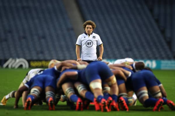 EDINBURGH, SCOTLAND - NOVEMBER 22: Duncan Weir of Scotland looks on over a scrum during the Autumn Nations Cup match between Scotland and France at Celtic Park on November 22, 2020 in Edinburgh, Scotland.