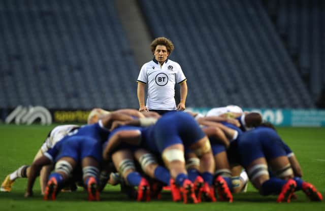 EDINBURGH, SCOTLAND - NOVEMBER 22: Duncan Weir of Scotland looks on over a scrum during the Autumn Nations Cup match between Scotland and France at Celtic Park on November 22, 2020 in Edinburgh, Scotland.