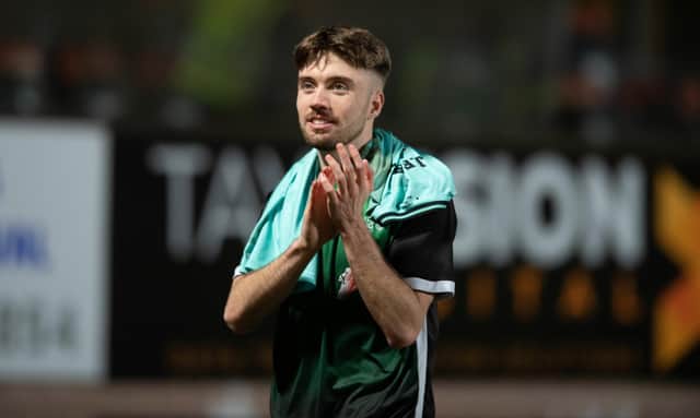 University of Stirling's James Stokes played very well up against Dundee United's Aziz Behich.