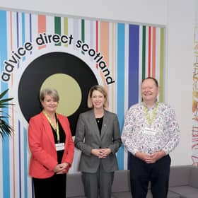 Education Secretary Jenny Gilruth meets Advice Direct Scotland chief executive Andrew Bartlett and deputy chief Executive Pamela Stewart at the launch of academy.scot