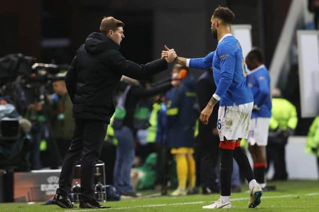 Rangers manager Steven Gerrard congratulates Connor Goldson at the end of the Europa League match against Brondby at Ibrox. (Photo by Craig Williamson / SNS Group)