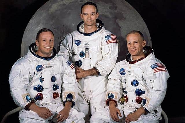 The Apollo 11 lunar landing mission crew, pictured from left to right, Neil A. Armstrong, commander; Michael Collins, command module pilot; and Edwin E. Aldrin Jr., lunar module pilot.