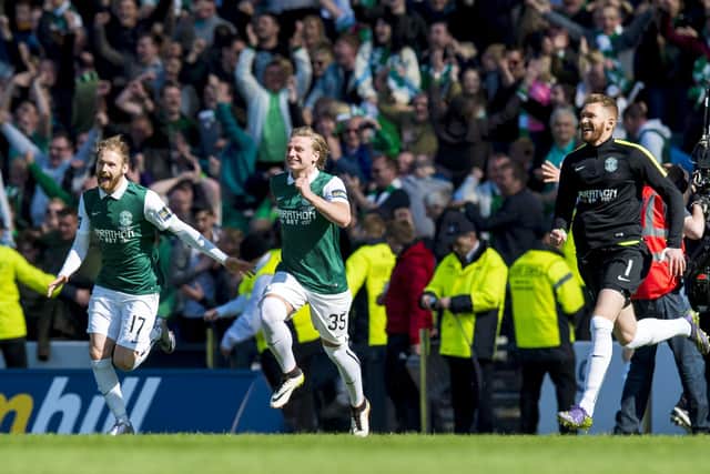 Boyle, left, runs on to the pitch to celebrate Hibs' 2016 Scottish Cup final triumph over Rangers.