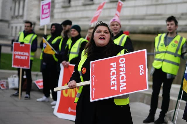 Members Public and Commercial Services (PCS) union are striking across the UK, including in Scotland.