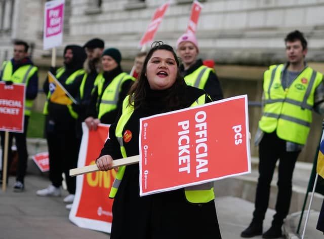 Members Public and Commercial Services (PCS) union are striking across the UK, including in Scotland.