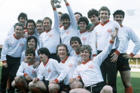 Clyde celebrate winning the 2nd Division title in 1981/82 under manager Craig Brown (5th from left top row). Pat Nevin is second from left in the front row