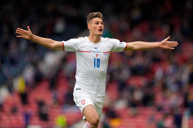 Patrik Schick celebrates his stunning second goal for Czech Republic in the 2-0 defeat of Scotland at Hampden. (Photo by Petr Josek - Pool/Getty Images)