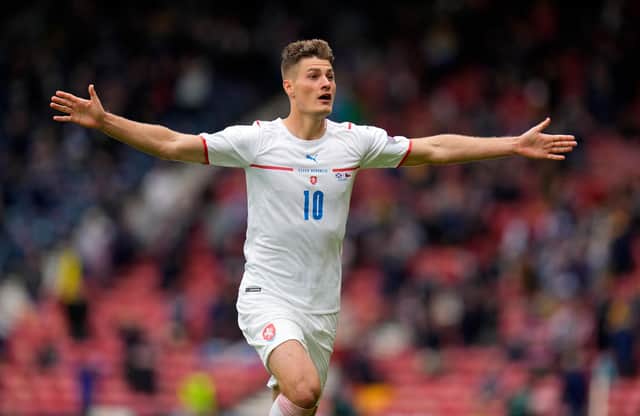 Patrik Schick celebrates his stunning second goal for Czech Republic in the 2-0 defeat of Scotland at Hampden. (Photo by Petr Josek - Pool/Getty Images)