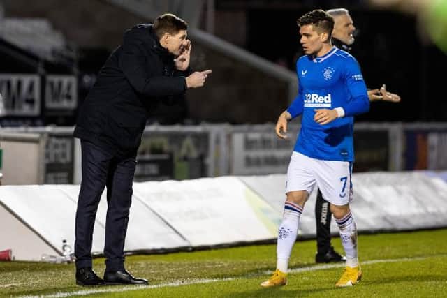 Rangers manager Steven Gerrard gives instructions to Ianis Hagi during the 2-0 win over St Mirren which saw the Romanian international provide another assist for his team. (Photo by Alan Harvey / SNS Group)