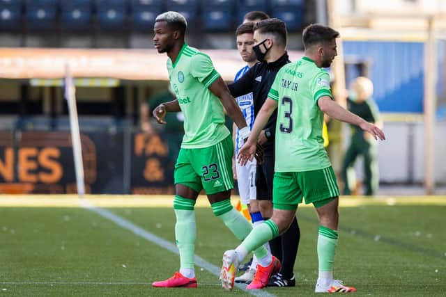 Celtic's Boli Bolingoli comes on as a substitute for Greg Taylor (right) during a Scottish Premiership match between Kilmarnock and Celtic at Rugby Park, on August 09, 2020. (Craig Williamson / SNS Group)