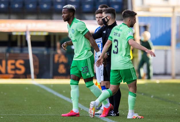 Celtic's Boli Bolingoli comes on as a substitute for Greg Taylor (right) during a Scottish Premiership match between Kilmarnock and Celtic at Rugby Park, on August 09, 2020. (Craig Williamson / SNS Group)