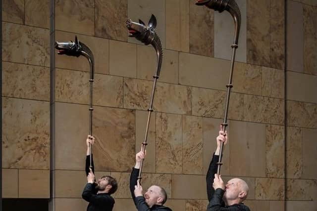 John Creed's three reconstructions of the Deskford Carnyx, played by Dragon Voices: John Kenny, Patrick Kenny & Ian Sankey, at the National Museum of Scotland, Edinburgh PIC: Ali Watt