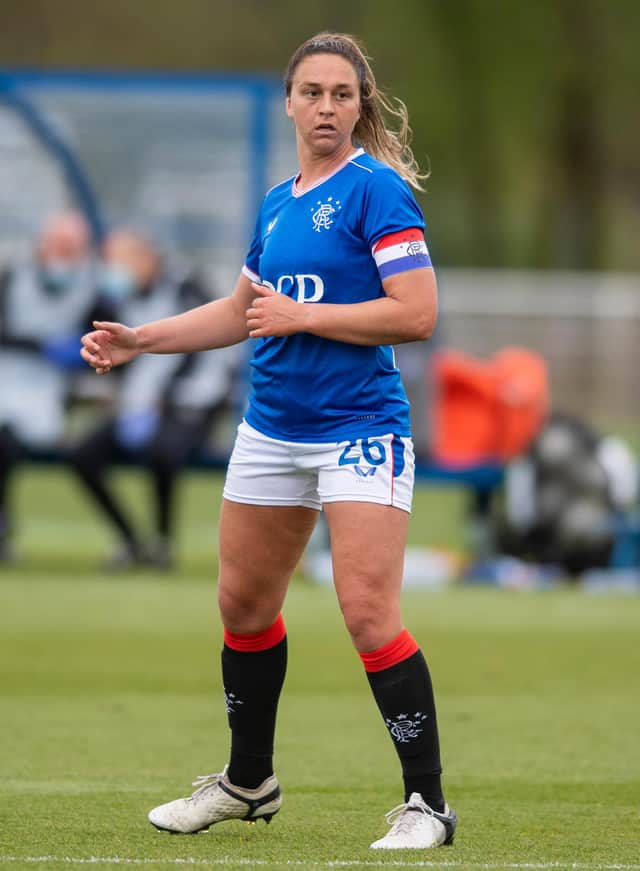 GLASGOW, SCOTLAND - MAY 09: Rangers Brianna Westrup in action during a Scottish Women's Premier League match between Rangers and Glasgow City at the Rangers Training Centre, on May 09, 2021, in Glasgow, Scotland. (Photo by Mark Scates / SNS Group)