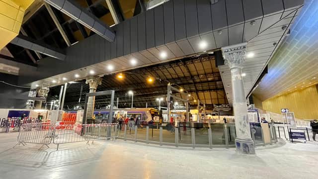 Pillars are being repainted on the concourse as part of the final phase of work. Picture: Network Rail