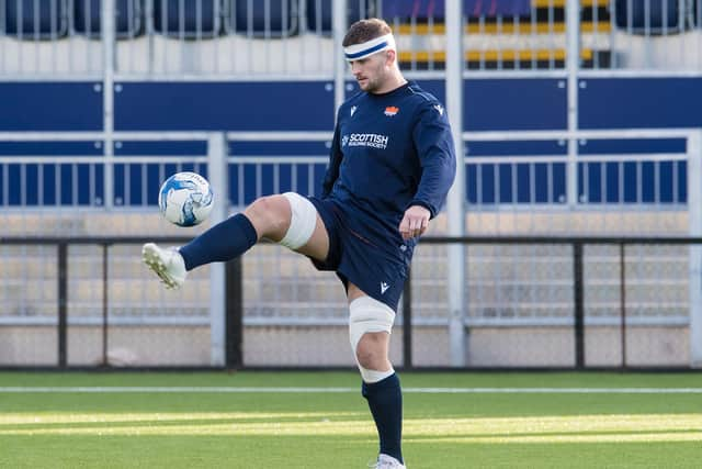 Magnus Bradbury shows off his footballing skills in training.  (Photo by Ross Parker / SNS Group)