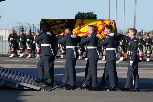 The coffin of Queen Elizabeth II at Edinburgh Airport from where it was flown by the RAF on its journey from Edinburgh to Buckingham Palace, London, to lie at rest.