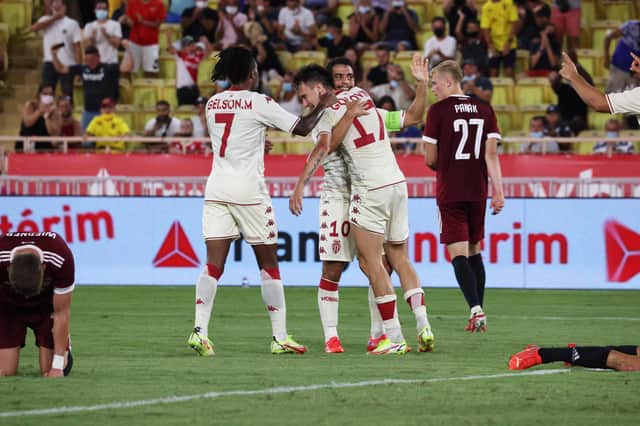 Monaco's Russian midfielder Aleksandr Golovin celebrates with team-mates after he scored a second goal during the Champions League tie against Sparta Prague.