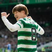 Kyogo Furuhashi celebrates after scoring Celtic's second during the 3-2 win over Rangers on April 8. (Photo by Craig Foy / SNS Group)