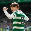 Kyogo Furuhashi celebrates after scoring Celtic's second during the 3-2 win over Rangers on April 8. (Photo by Craig Foy / SNS Group)