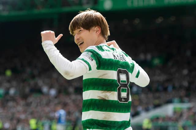 Kyogo Furuhashi celebrates after scoring Celtic's second during the 3-2 win over Rangers on April 8. (Photo by Craig Foy / SNS Group)