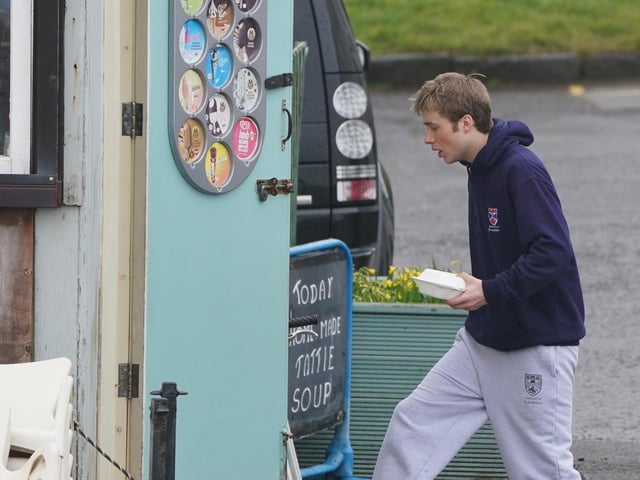 The 21-year-old was also seen having a bite to eat amongst the camera crew at St Andrews harbour during a break in filming on Thursday.