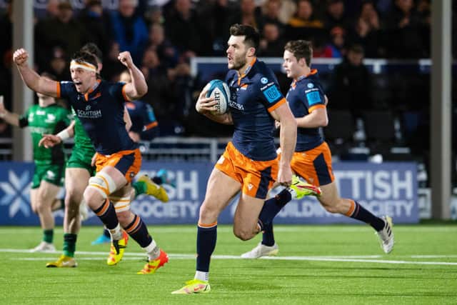 Edinburgh's Blair Kinghorn scores his side's fourth try during the win over Connacht at DAM Health Stadium. (Photo by Ross Parker / SNS Group)