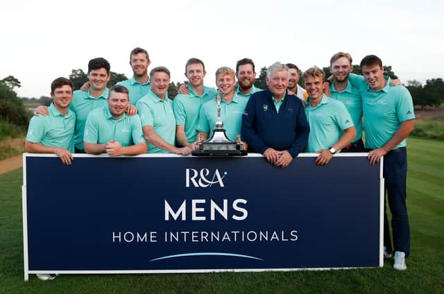 Ireland pose with the trophy after winning the R&A Men's Home Internationals at Hankley Common in Surrey. Picture: Luke Walker/R&A/R&A via Getty Images.
