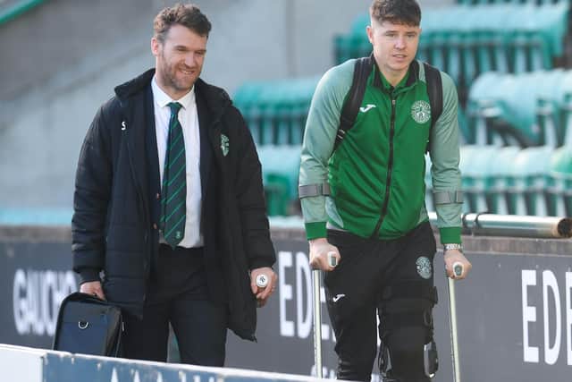 Hibs' Kevin Nisbet (right) left Easter Road on crutches after Sunday's goalless draw with Celtic. (Photo by Craig Foy / SNS Group)