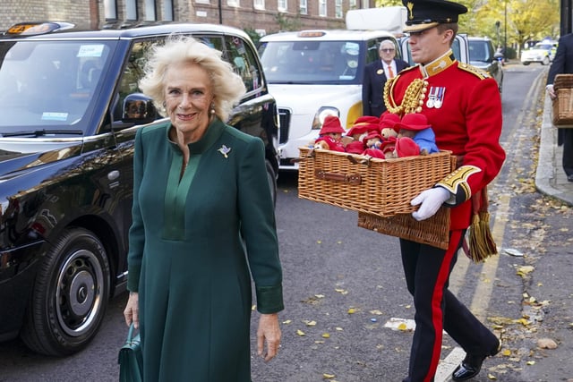 The Queen Consort arrives by taxi to attend a special teddy bears picnic at a Barnardo's Nursery in Bow, London, where she personally delivered Paddington bears and other cuddly toys, which were left as tributes to Queen Elizabeth II at Royal Residences, to children supported by the charity.
