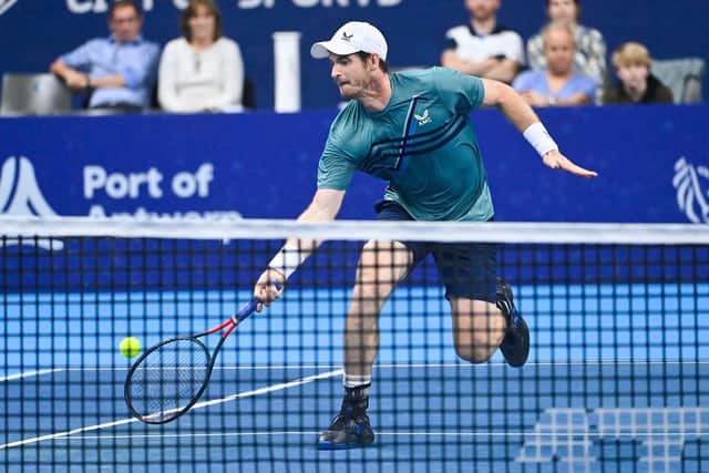 Andy Murray chases down a shot from Frances Tiafoe during their clash at the European Open in Antwerp.