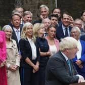 Carrie Johnson, Nadine Dorries and Rachel Johnson watch as outgoing Prime Minister Boris Johnson makes a speech outside 10 Downing Street, London, before leaving for Balmoral for an audience with Queen Elizabeth II to formally resign as Prime Minister.