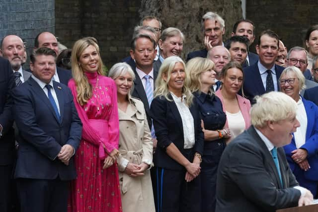 Carrie Johnson, Nadine Dorries and Rachel Johnson watch as outgoing Prime Minister Boris Johnson makes a speech outside 10 Downing Street, London, before leaving for Balmoral for an audience with Queen Elizabeth II to formally resign as Prime Minister.