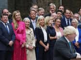 Carrie Johnson, Nadine Dorries and Rachel Johnson watch as outgoing Prime Minister Boris Johnson makes a speech outside 10 Downing Street, London, before leaving for Balmoral for an audience with Queen Elizabeth II to formally resign as Prime Minister.