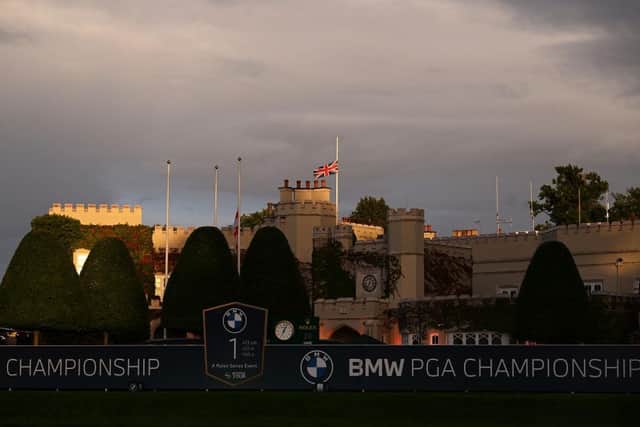 Flags are flown at half-mast on the Wentworth clubhouse following the announcement of the death of Her Majesty Queen Elizabeth II during the BMW PGA Championship. Picture: Ross Kinnaird/Getty Images.